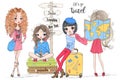 Four hand drawn beautiful cute travel girls with big suitcases. Royalty Free Stock Photo