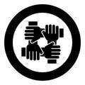 Four hand holding together team work concept icon black color in circle round