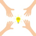 Four Hands arms reaching to idea light bulb sign symbol. Taking hand. Close up body part. Business card. Flat design. Wealth conce Royalty Free Stock Photo
