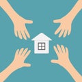 Four Hands arms reaching to paper house home sign symbol. Taking hand. Close up body part. Business card. Flat design. Wealth conc