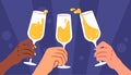 Four hands clinking champagne flutes with splashing liquid, on a dark blue background, concept of celebration. Vector