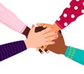 Four hands of diverse human group are putting together. Support, cooperation, togetherness concept vector for banner, web, app.