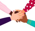 Four hands of diverse human group are putting together. Support, cooperation, togetherness concept vector for banner, web, app. Royalty Free Stock Photo