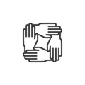 Four hands hold together line icon