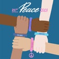 Four hands of people of different races and nationalities crossed together. International Day of Peace. Flat design, vector Royalty Free Stock Photo