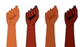 Girl Power. Three female hands are raised up. The concept of feminism, equality, freedom and women`s rights. Vector modern illust