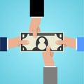 Four hands reaching to cash paper money dollar sign symbol. Business and wealth concept. Vector illustration Royalty Free Stock Photo