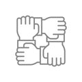 Four hands, team work line icon. Togetherness, solidarity, unity symbol