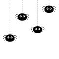 Four hanging black spiders on dash line web. Happy Halloween. Spider set. Cute cartoon baby character set. Flat material design. W