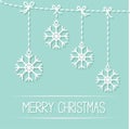 Four hanging snowflakes with dash line bows on blue. Merry Christmas card. Flat design