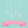 Four hanging snowflakes with dash line bows on blue Pink ribbon. Merry Christmas card. Flat design