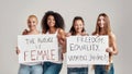 Four happy diverse women smiling at camera while holding, standing with banners in their hands isolated over grey Royalty Free Stock Photo