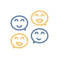 Four happy faces in speech bubbles icon. Positive feedback, social interaction, joyful communication. Vector thin line Royalty Free Stock Photo