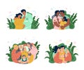 Four happy families hugging. Latin american, african american, european, caucasian, asian. Parenthood, couples, elderly, kids