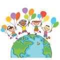 Four happy jumping kids round the globe, with balloons background cartoon