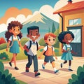Four happy school kids walking together on the sidewal Royalty Free Stock Photo