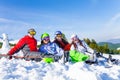 Four happy smiling friends wearing goggles Royalty Free Stock Photo