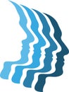 Four heads, faces in blue, head and human logo