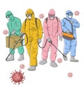 Four health workers fighting against corona virus cartoon illustration