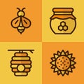 Four honey icons. Honey icons set. Bee set. Honey, bees, sunflower, beehive. Vector illustration