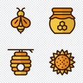 Four honey icons. Honey icons set. Bee set. Honey, bees, sunflower, beehive. Vector illustration Royalty Free Stock Photo