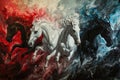 Four horses of the apocalypse - white, red, black and pale. Bible revelation. Generative AI Royalty Free Stock Photo