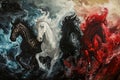 Four horses of the apocalypse - white, red, black and pale. Bible revelation. Generative AI