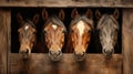 Four horses lean out of a wooden stall. A stable or ranch with horses. Horizontal format. Royalty Free Stock Photo