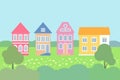 Four houses in a green clearing. Flat illustration.