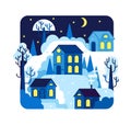 Four houses with yellow windows, the moon and stars in the sky, mountains and trees covered with snow - vector flat Royalty Free Stock Photo