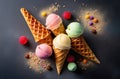 four ice cream cones with vanilla and strawberry flavors on dark background. tasty summer dessert Royalty Free Stock Photo