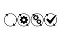 Four Icons Showing Circular Arrows, Gears, and Checkmark on White Background process workflow Royalty Free Stock Photo