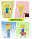 Four illustrations of busy cartoon young woman