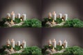 Four images 1st to 4th advent with festive arrangements of burning candles, fir tree branches and Christmas decoration, copy space Royalty Free Stock Photo