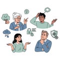 Four people expressing confusion with icons representing problems and concerns above their heads Royalty Free Stock Photo
