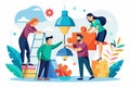 Four individuals work together to construct a unique flat lamp using colorful puzzle pieces in a vibrant setting People Royalty Free Stock Photo