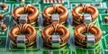 Four Inductors on a Computer Motherboard CloseUp View of Toroidal and Cylindrical Components SMT Technology Royalty Free Stock Photo