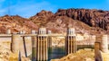 The four Intake Towers that supply the water from Lake Mead to the Powerplant Turbines of the Hoover Dam Royalty Free Stock Photo