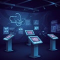Four interactive kiosks with touchscreen displays are arranged in a dark room. The Royalty Free Stock Photo