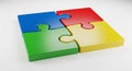 Four Interlocking Puzzle Pieces In Blue Red Green And Yellow On White Surface connection Royalty Free Stock Photo