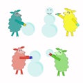 Four isolated colorful sheep playing snowman