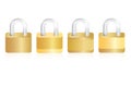 Four isolated gold locks on white background