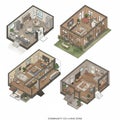 Four isometric illustrations of co-living spaces in a community zone. Each module Royalty Free Stock Photo