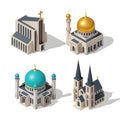 Isometric religious buildings churches mosques with gold and turquoise domes architecture Royalty Free Stock Photo