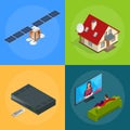 Four isometric web concepts a house with an antenna, satellite, a TV tuner, a man watching television. Wireless