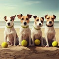Four jack russells side by side on the beach with tennis balls. Generative AI Royalty Free Stock Photo