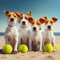 Four jack russells side by side on the beach with tennis balls. Generative AI Royalty Free Stock Photo