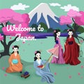 Four japanese girls in national costumes vector image