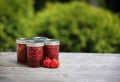 Four Jars of Homemade Strawberry Jam Room For Text Royalty Free Stock Photo