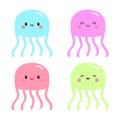 Four jellyfish icon set. Cute kawaii cartoon funny baby character. Pink blue, purple color. Smiling face. Sea ocean animal. Kids Royalty Free Stock Photo